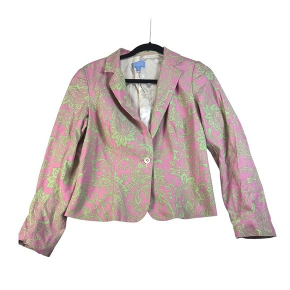 J‎ McLaughlin Blazer Size 6 Pink Green Paisley Silk Cotton USA Made Jacket